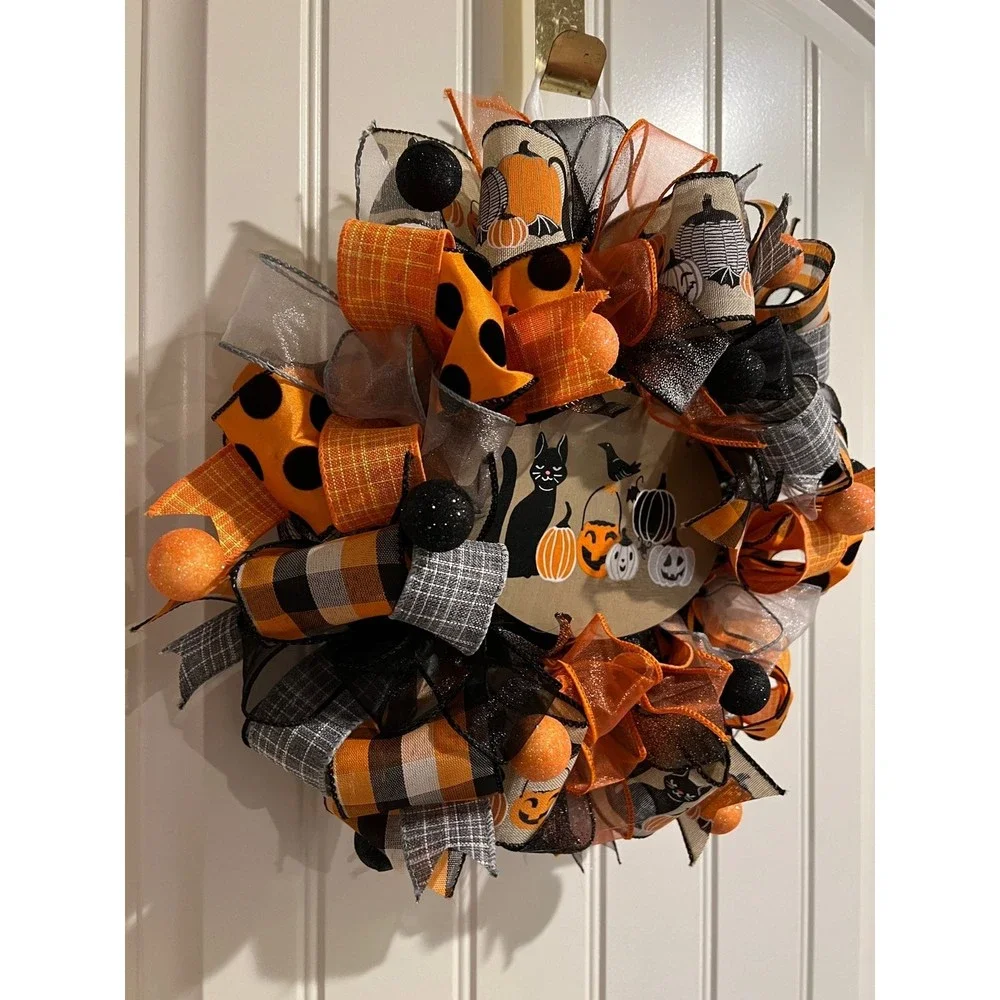 13 inch Halloween Ribbon Wreath Black Cat MW6
